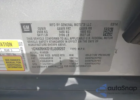 2014 Chevrolet Traverse 2Lt из США, поврежденный, VIN 1GNKRHKD1EJ308297